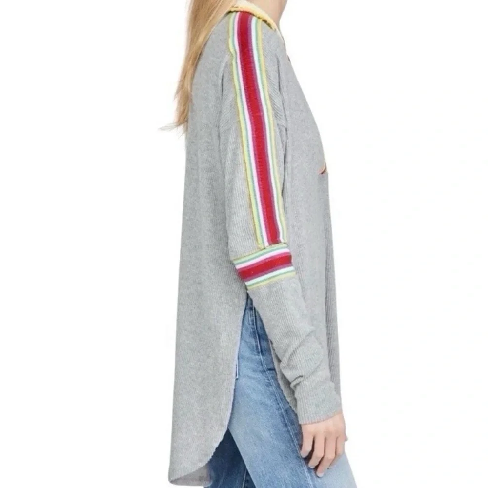 FP Feeling Magical Grey Ribbed Oversized Tunic Crochet Collar Racing Stripe - Picture 4 of 13